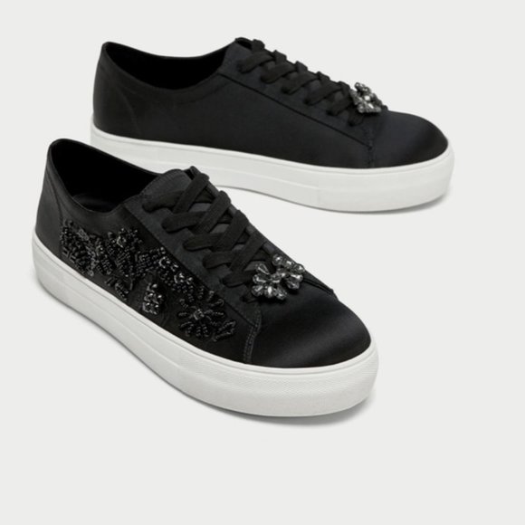 Zara Shoes - Zara Black Beaded Satin Platform Sneakers sz 39